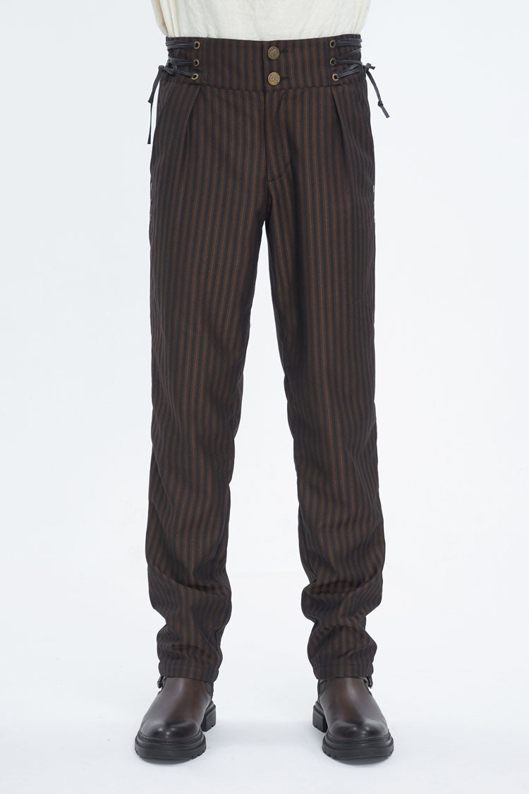 Brown High Waisted Lace-Up Striped Men's Gothic Pants