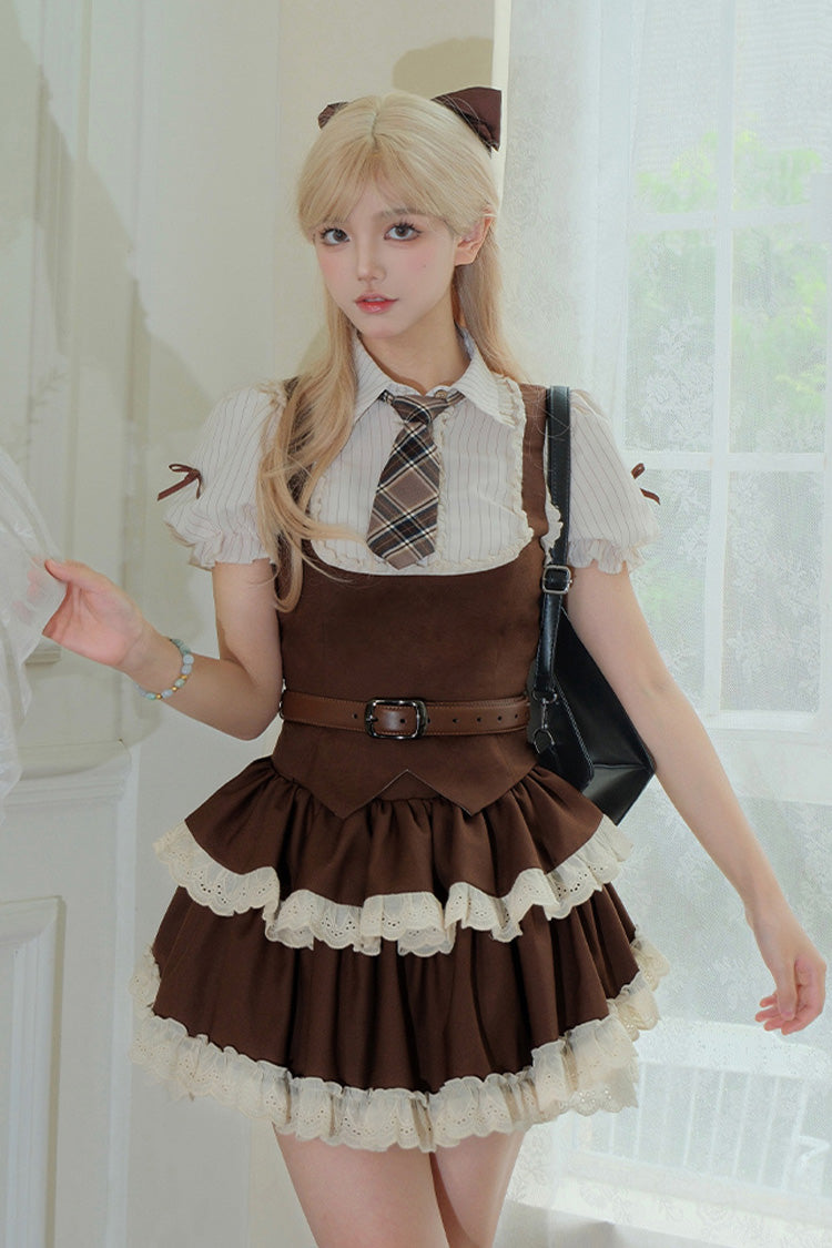 Brown Coco Love Letter Double-Layered Ruffle Lace Sweet College Style Lolita Skirt Set