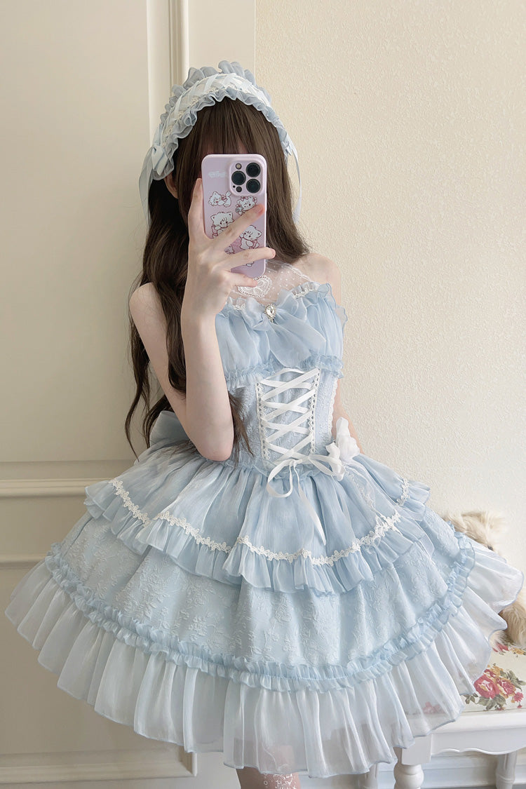 Light Blue Halterneck Triple-Layered Bowknot Lace Sweet Lolita Jsk Dress