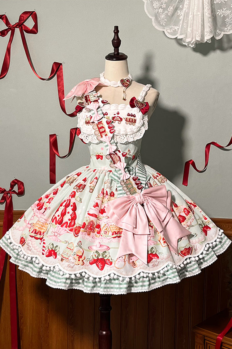 Mint Erdbeer Dessert Print Natürlich taillierte Rüschen Schleife Süßes Lolita JSK Kleid 4 Farben