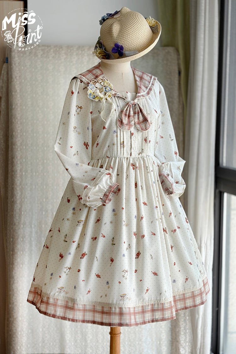 Ivory Sailor Collar Print Ruffle Bowknot Sweet Elegant Lolita Dress