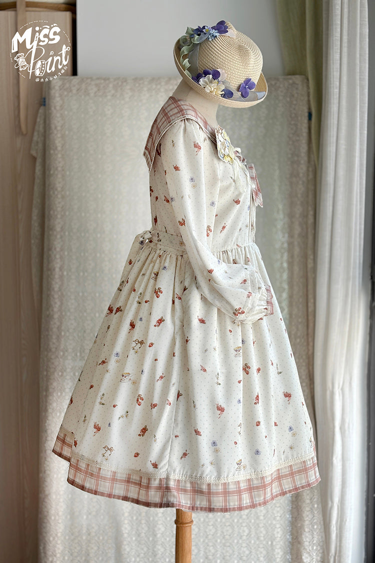 Ivory Sailor Collar Print Ruffle Bowknot Sweet Elegant Lolita Dress