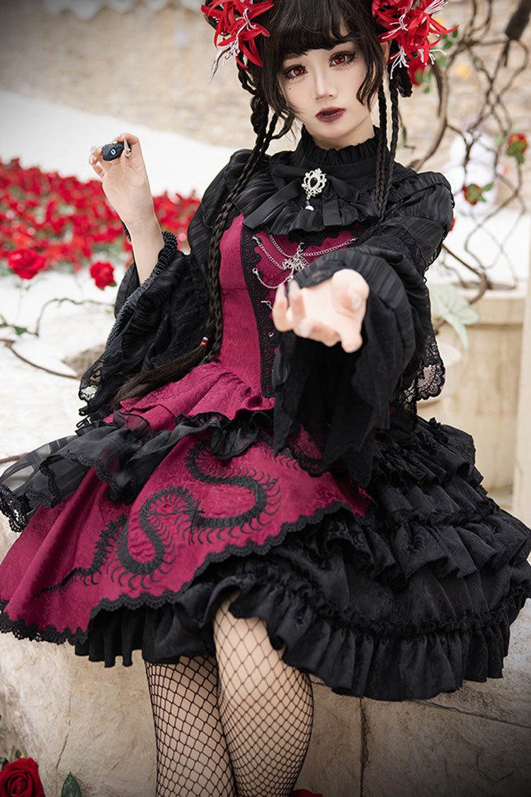 Black/Red Multi-Layered Ruffle Bowknot Lace Asymmetric Gothic Lolita Jsk Dress