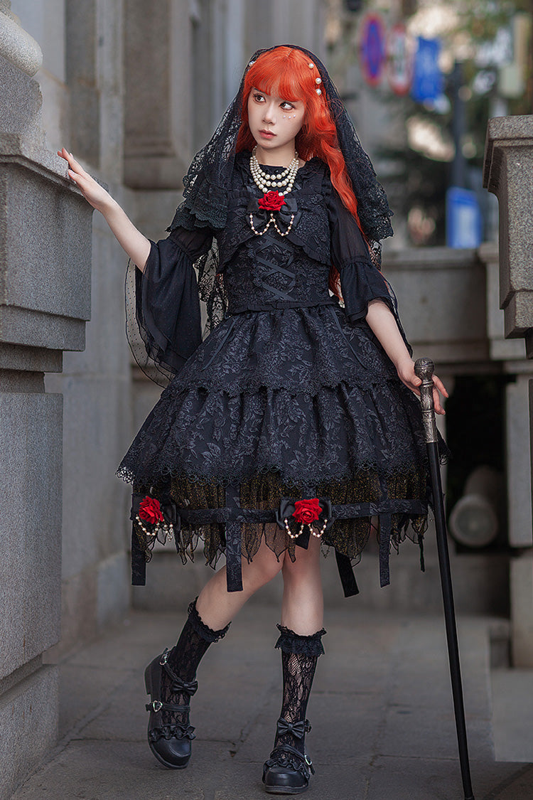 Black [Apprentice Witch] Double-Layered Ruffle Lace Gothic Lolita Skirt