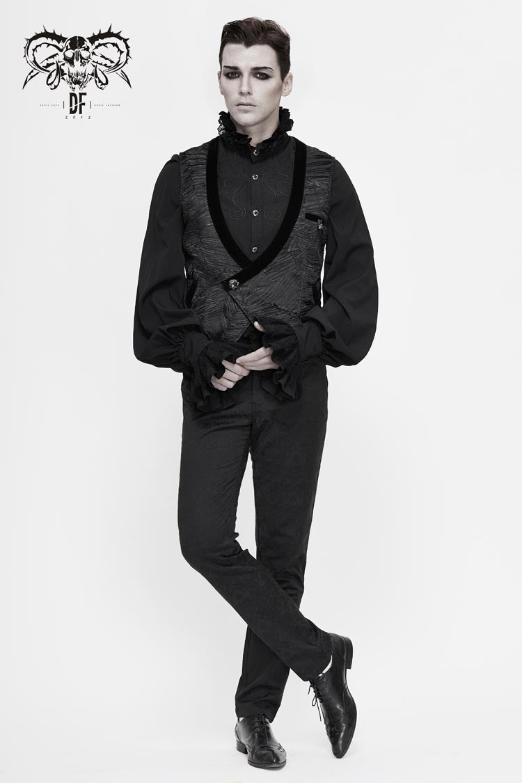 Black Velveteen Asymmetrical Pleated Splice Waist Loop Men's Gothic Waistcoat