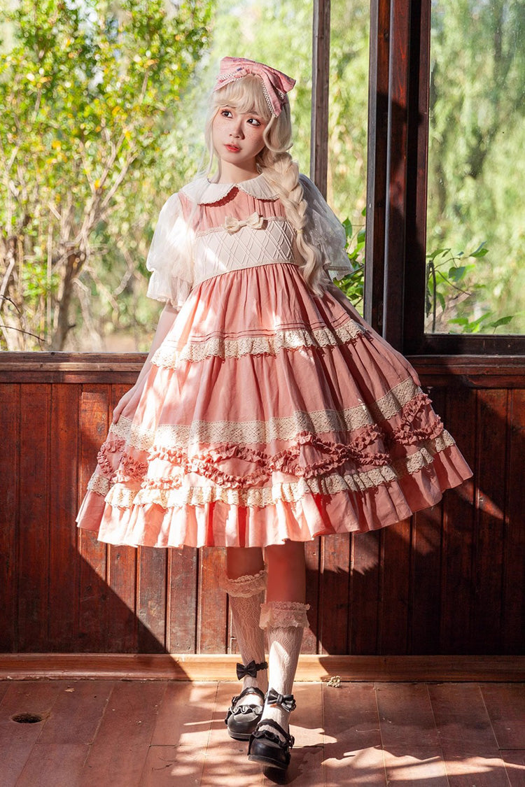 Kindergarten Class Theme Short Sleeves Jacquard Ruffle Bowknot Sweet Lolita Dress 3 Colors