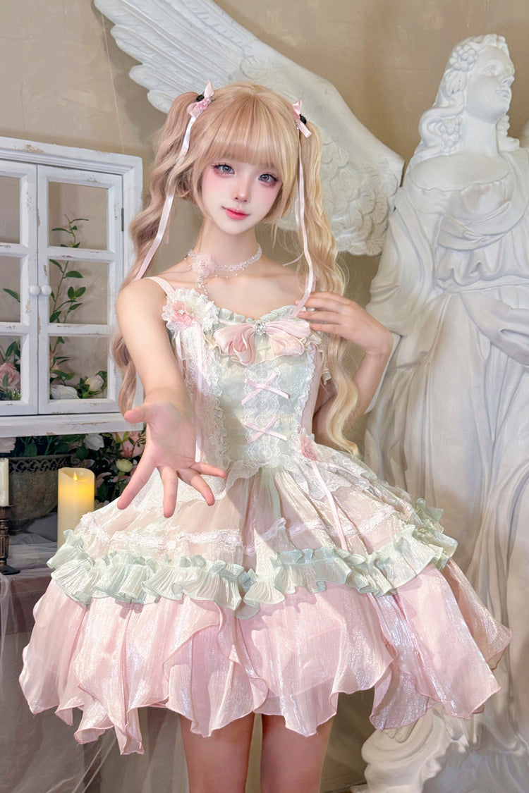 Pink/Green Summer Garden Ruffle Embroidery Bowknot Lace Sweet Lolita Jsk Short Dress