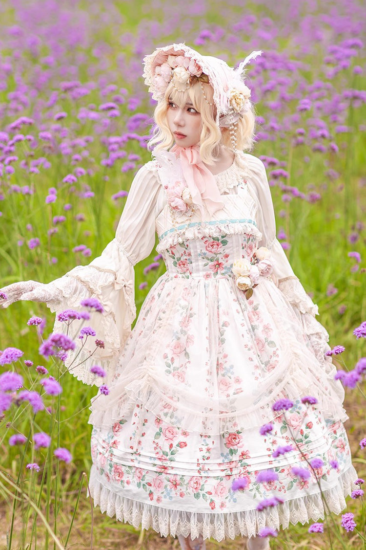 Apricot Rose Morning Dew Print Sweet Elegant Lolita Jsk Dress