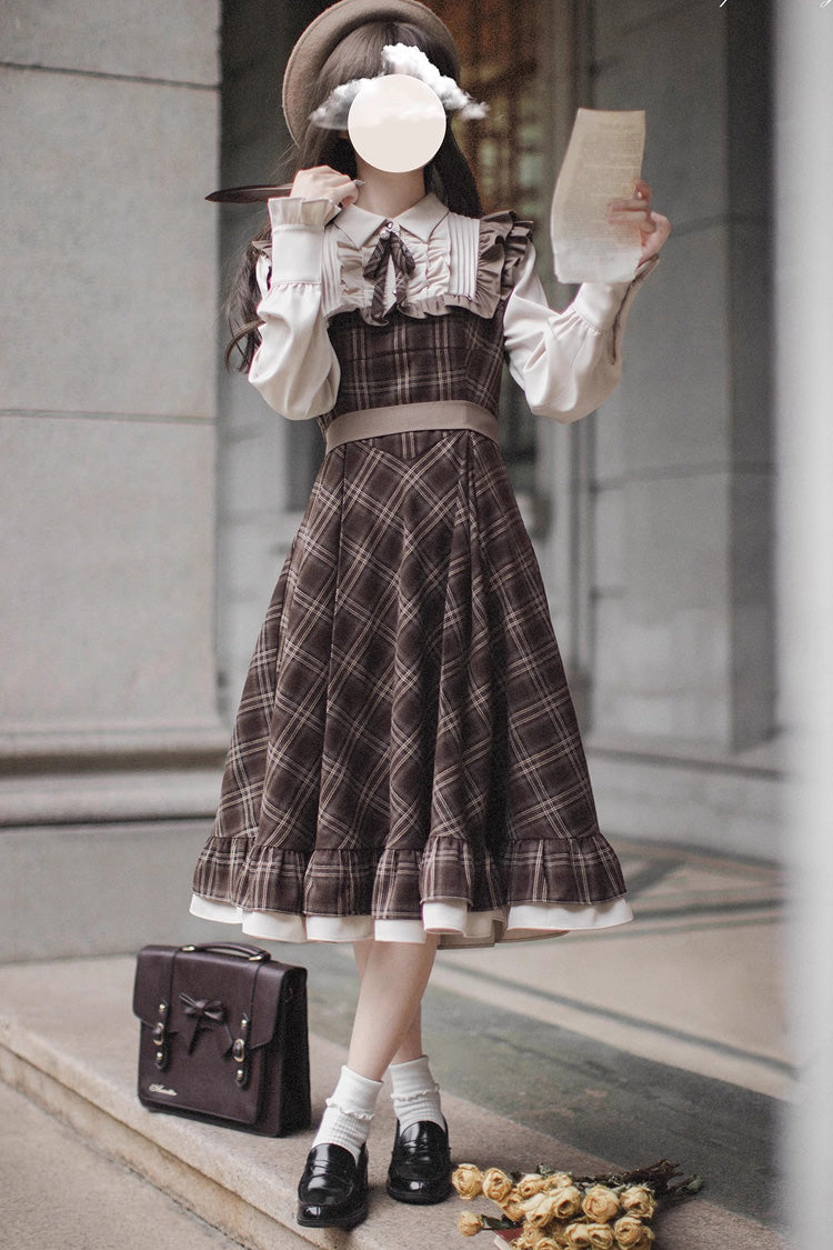 Brown [The Thames at Dusk] Print Ruffle Fake Two Pieces Vintage College Style Lolita Dress