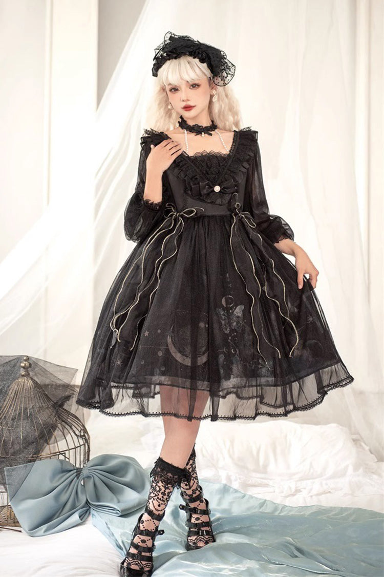 Schwarzes Gothic Lolita Kleid mit Rüschenspitze und Planet-Schmetterlings-Print und hoher Taille