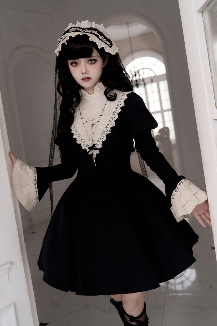 Schwarzes [Letters and Poems·Nocturne] Lange Ärmel Gothic Lolita Kurzes Nonnenkleid mit Rüschen