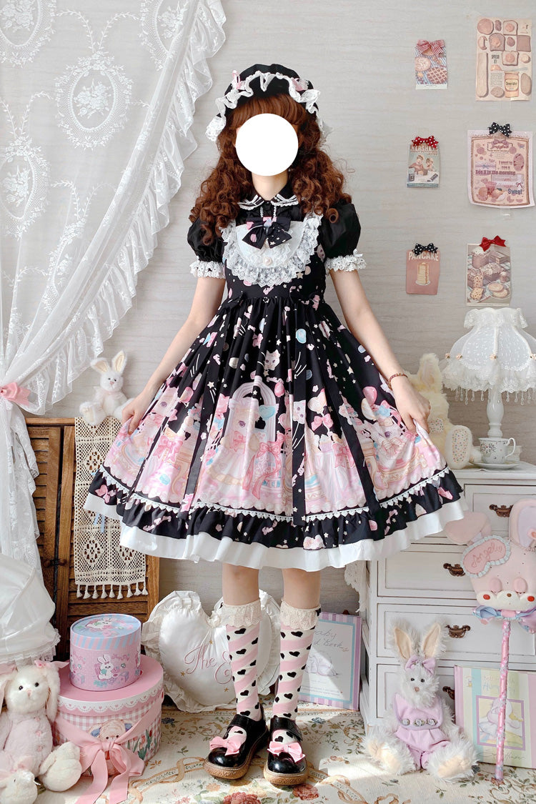 Schwarz/Rosa süßes Lolita JSK Prinzessinnenkleid mit Katzen-Print und hoher Taille, Rüschen und Schleife