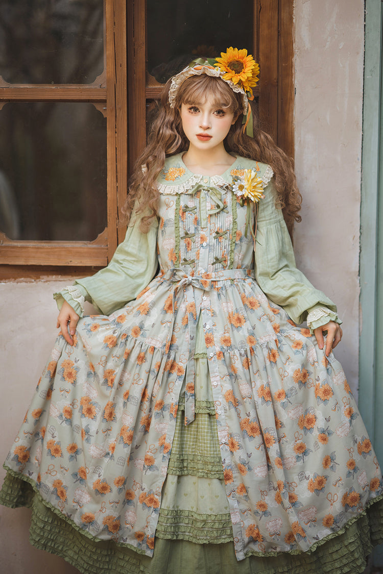 Green [Gardening Sunflower] Sleeveless Print Ruffle Bowknot Sweet Elegant Lolita Jsk Dress