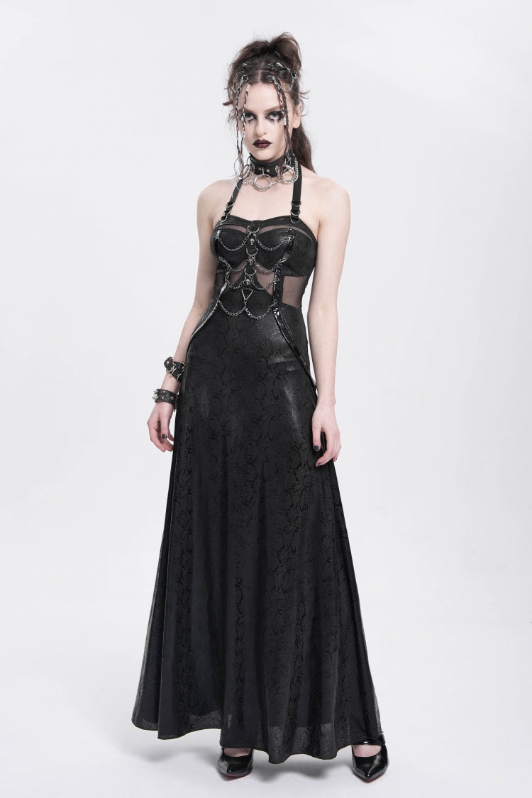 Black Halterneck Stitching Mesh Chained Women's Punk Dress