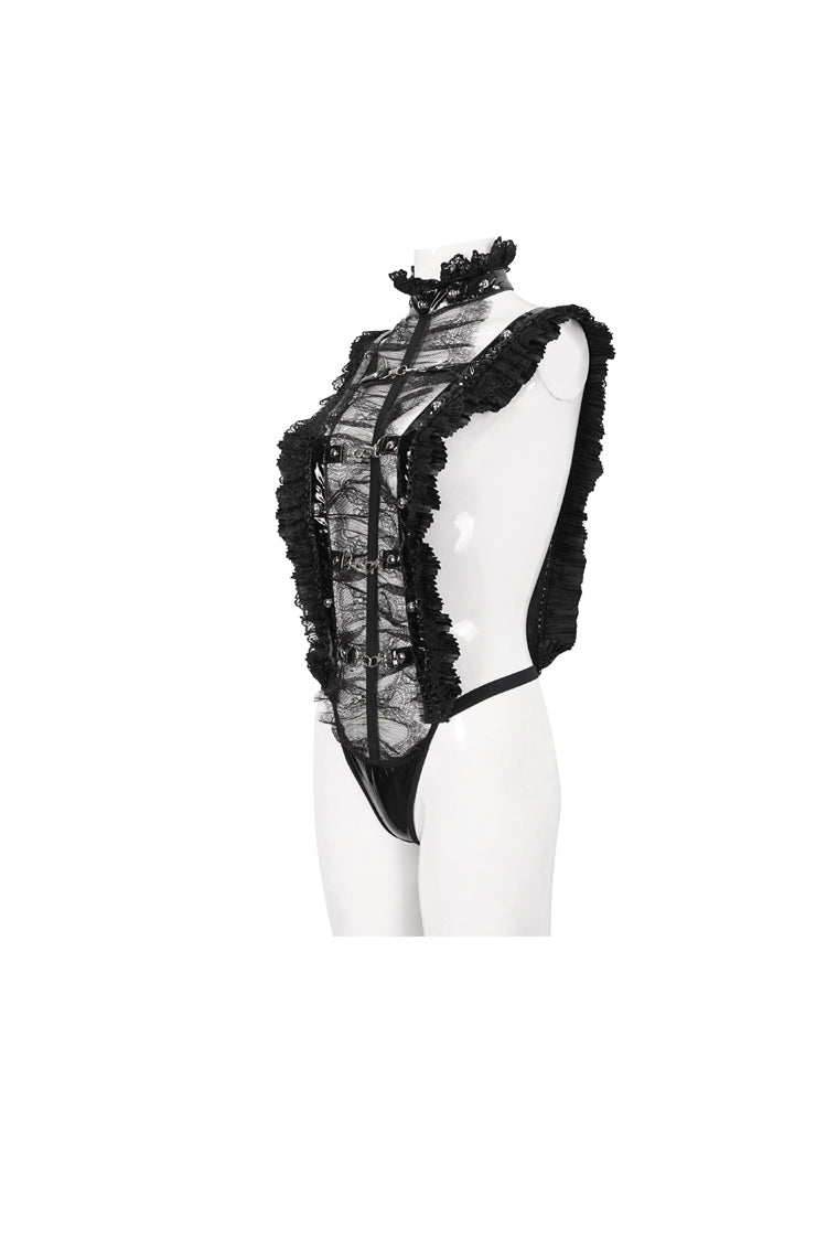 Schwarzer Stretch-Lackleder-Cutout-Spitzenrüschenknopf-Gothic-Bodysuit für Damen