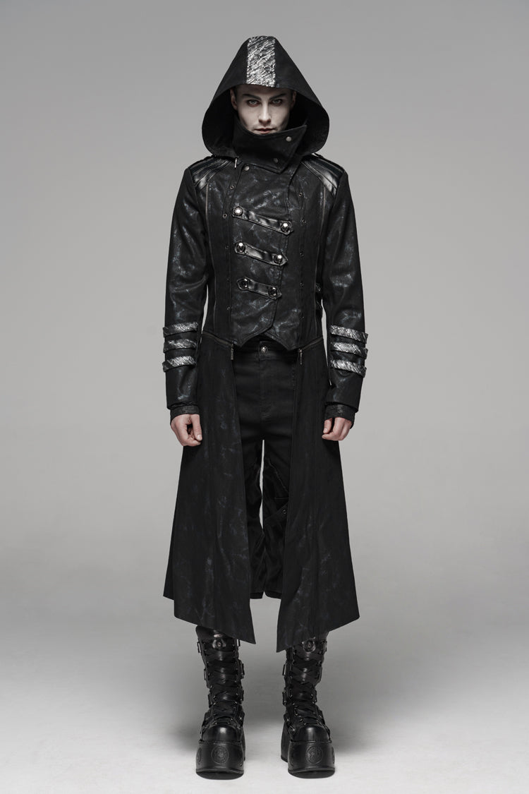 Black Stand Collar Stretch Twill Fabric Hooded Men's Gothic Long Jacket