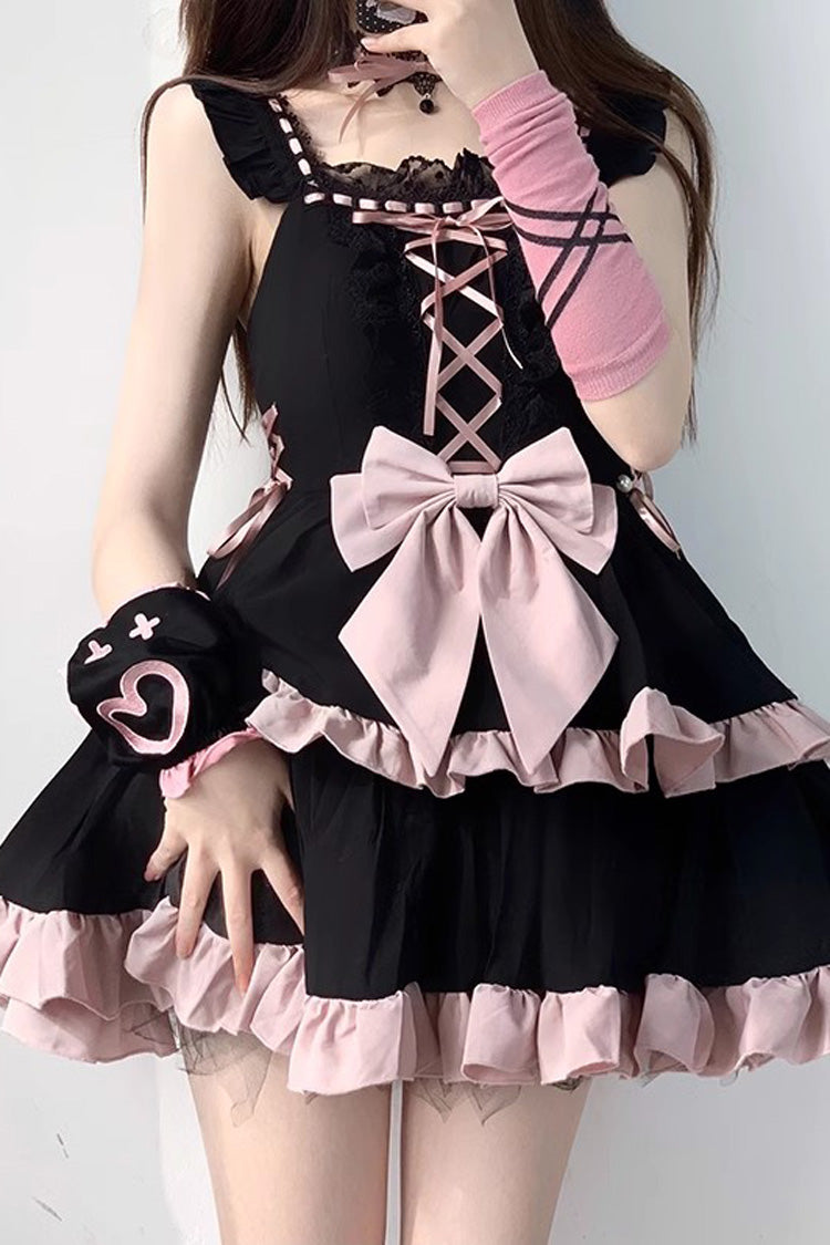 Black/Pink Double Layer Ruffle Bowknot Lace-Up Sweet Princess Lolita Jsk Dress