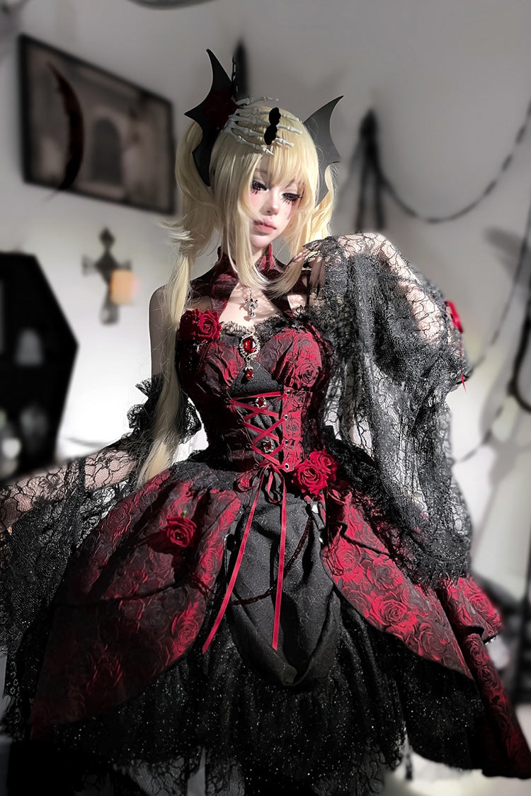 Black/Red [Weeping Rose] Jacquard Print Ruffle Cardigan Bowknot Lace-Up Gothic Lolita Dress