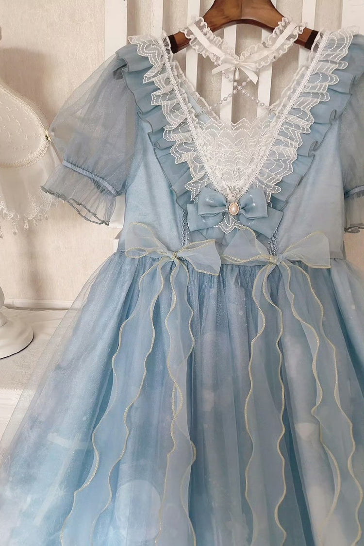 Blaues süßes Lolita-Kleid mit Rüschenspitze und Planeten-Schmetterlings-Print