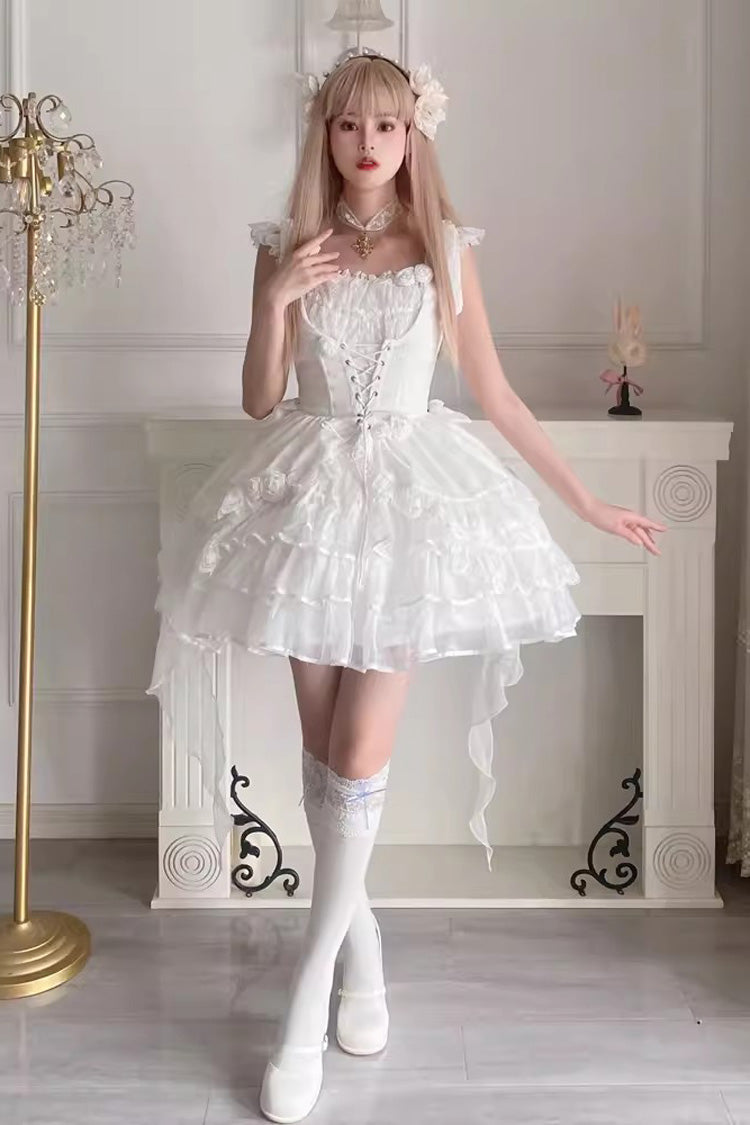 ホワイトローズマルチレイヤーフリル花嫁ステッチレース取り外し可能なスイートプリンセスロリータティアードドレス