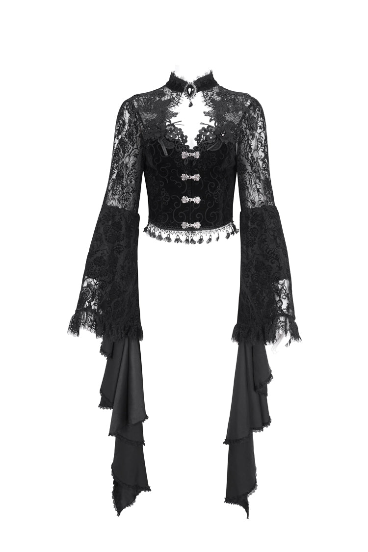 Schwarze Gothic-Bluse mit langen Trompetenärmeln und Spitzennähten für Damen