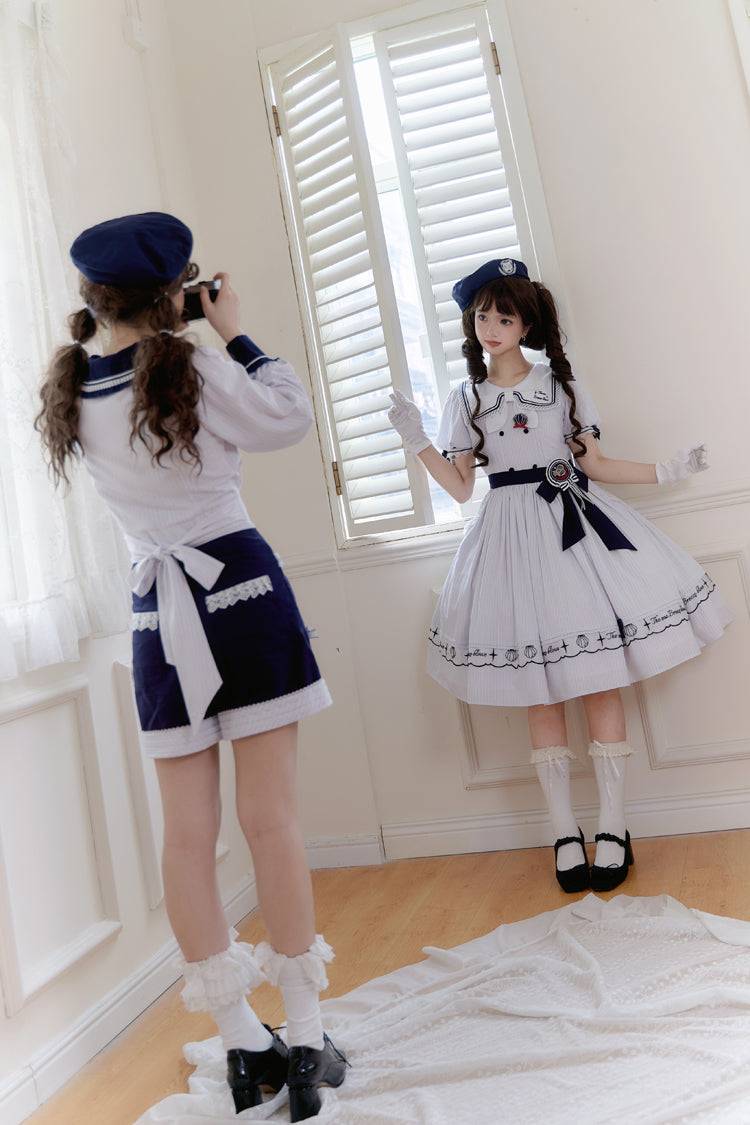 White Navy Stripe Print Short Sleeves Ruffle Embroidery Sweet Lolita Dress