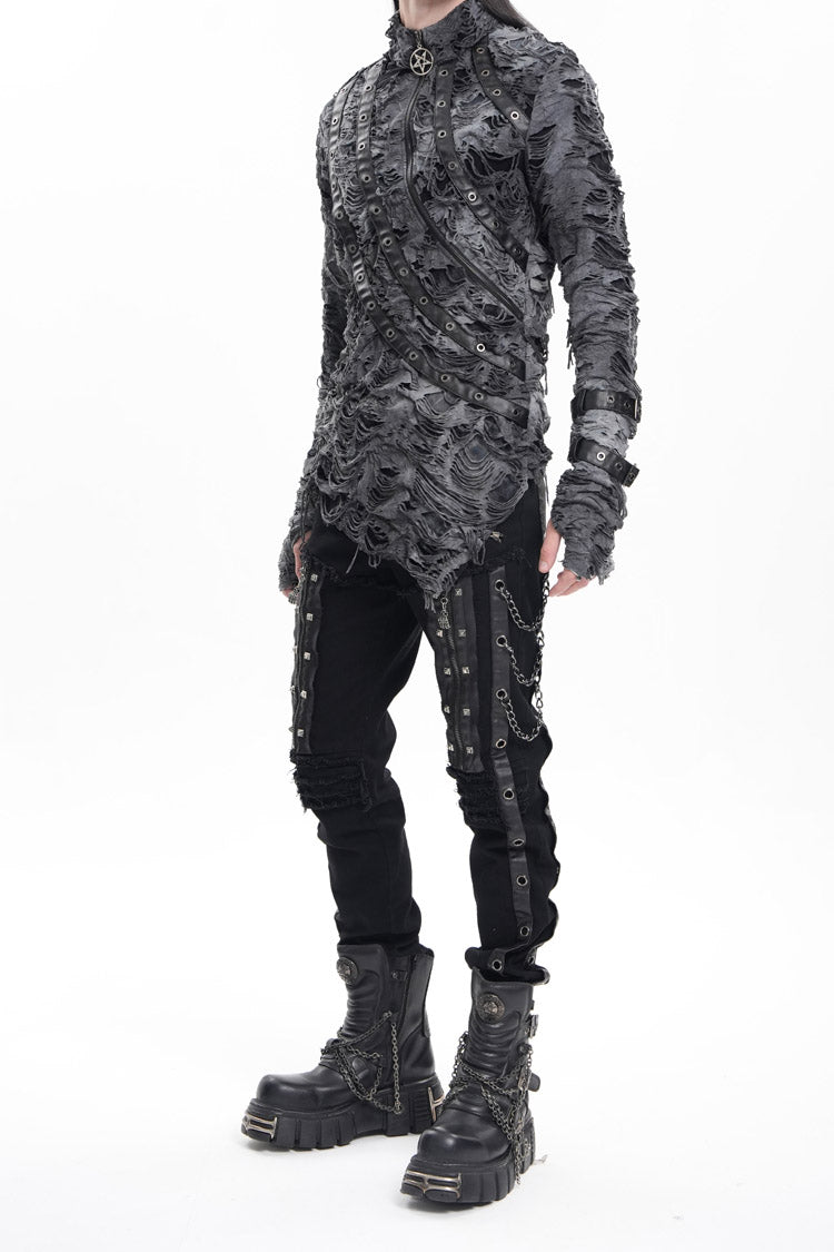 Black Stitching Eyelets Chains Studs Men's Gothic Pants