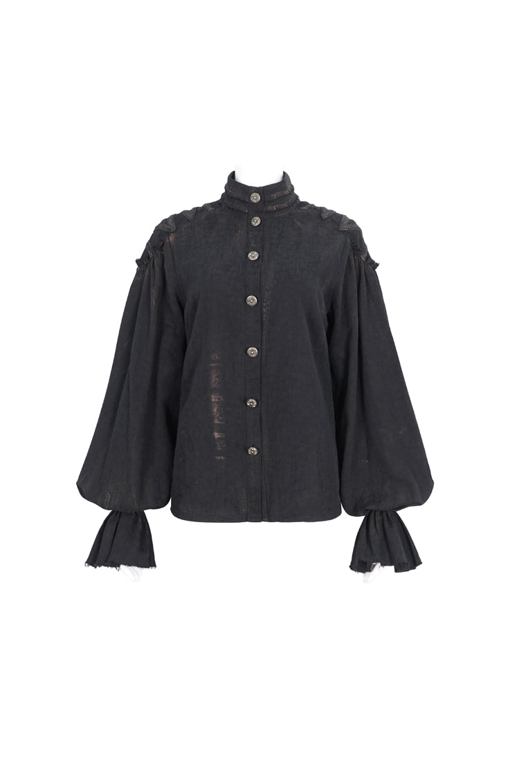 Black Stand Collar Lantern Sleeves Print Lace Women's Punk Blouse