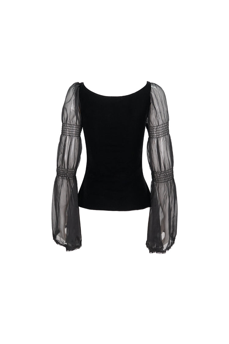 Schwarzes Chiffon-T-Shirt mit langen Ärmeln aus Samt und Applikationen auf der Brust mit blutroten Rauten für Damen im Gothic-Stil