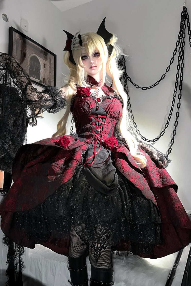 Black/Red [Weeping Rose] Jacquard Print Ruffle Cardigan Bowknot Lace-Up Gothic Lolita Dress