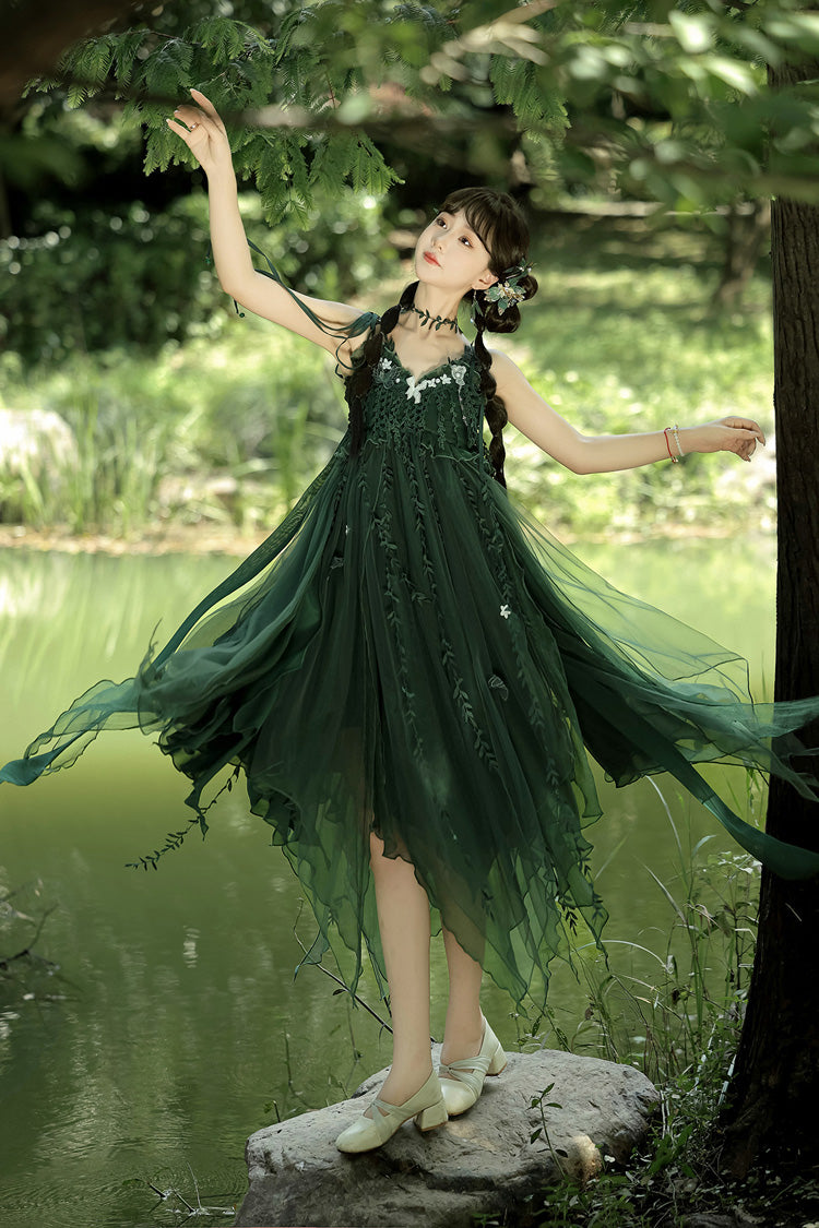 Green Forestry Asymmetric Hem Sweet Chinese Style Lolita Jsk Dress