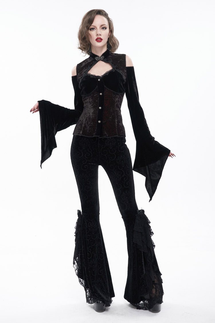 Black/Red Velvet Off-The-Shoulder Cutout Metal Button Flared Sleeve Lace-Up Women's Gothic Shirt