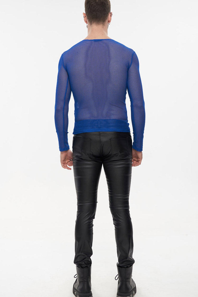 Blue Gothic Elasticity High Neck Long Sleeve Mesh Men's Shirt