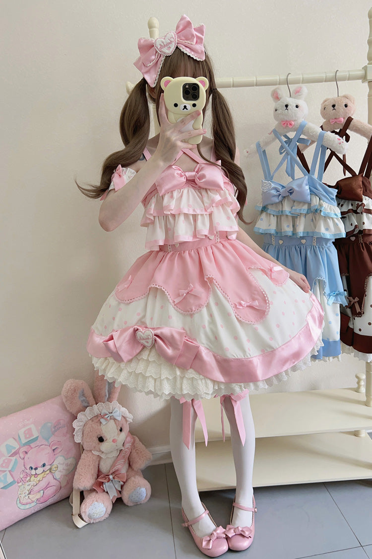 Rosa Creme Mehrlagiges Lolita JSK Kleid mit Tupfenmuster, Rüschen und Schleife