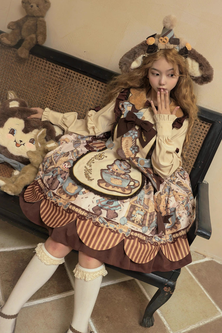 [Bear Cookies] Print Long Sleeves Ruffle Bowknot Sweet Lolita OP Dress 2 Colors