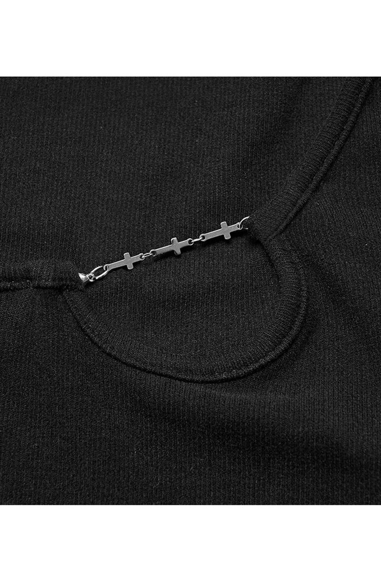 Black Asymmetric Hem Design Sexy Hollow Metal Cross-Chain Decoration Long Sleeve Women's Punk T-Shirt