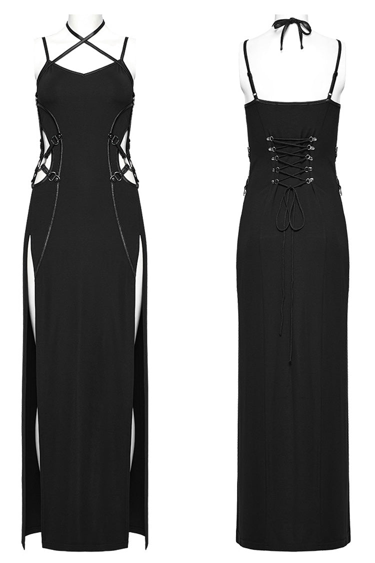 Black Halterneck Lace-Up Ripped Side Slit Women's Punk Dress