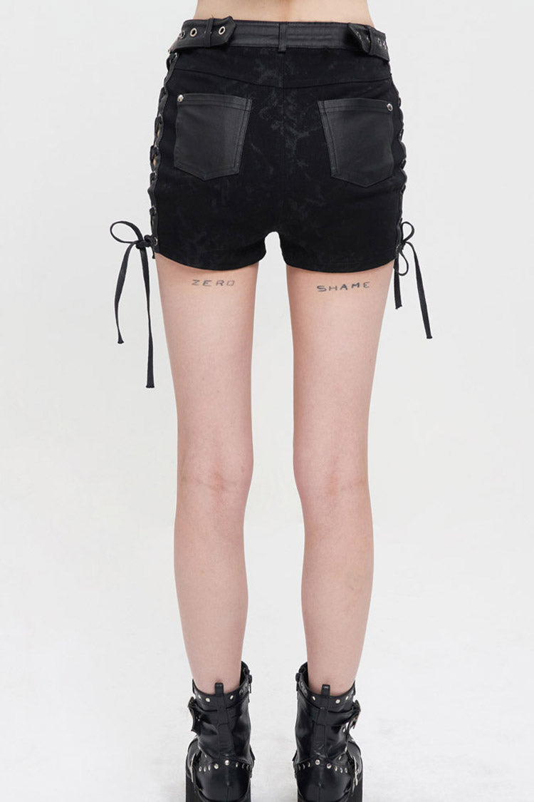 Black Punk Adjustable Grommets On Both Sides Side Straps Hollow Out Women's Shorts