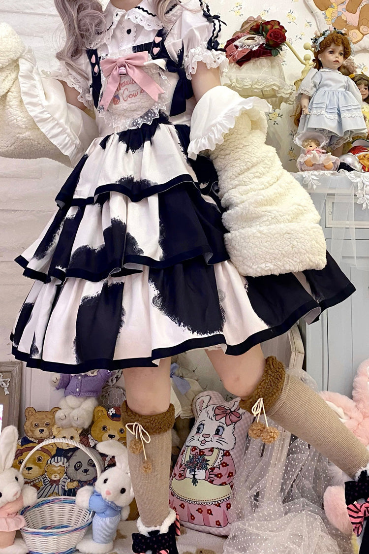 Black Sleeveless Triple-Layered Cow Print Ruffle Bowknot Sweet Lolita Jsk Dress