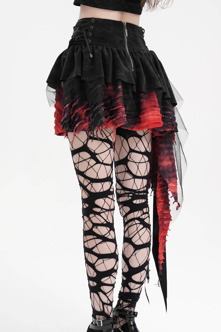 Black/Red Stitching Irregular Mesh Women's Gothic Skirt