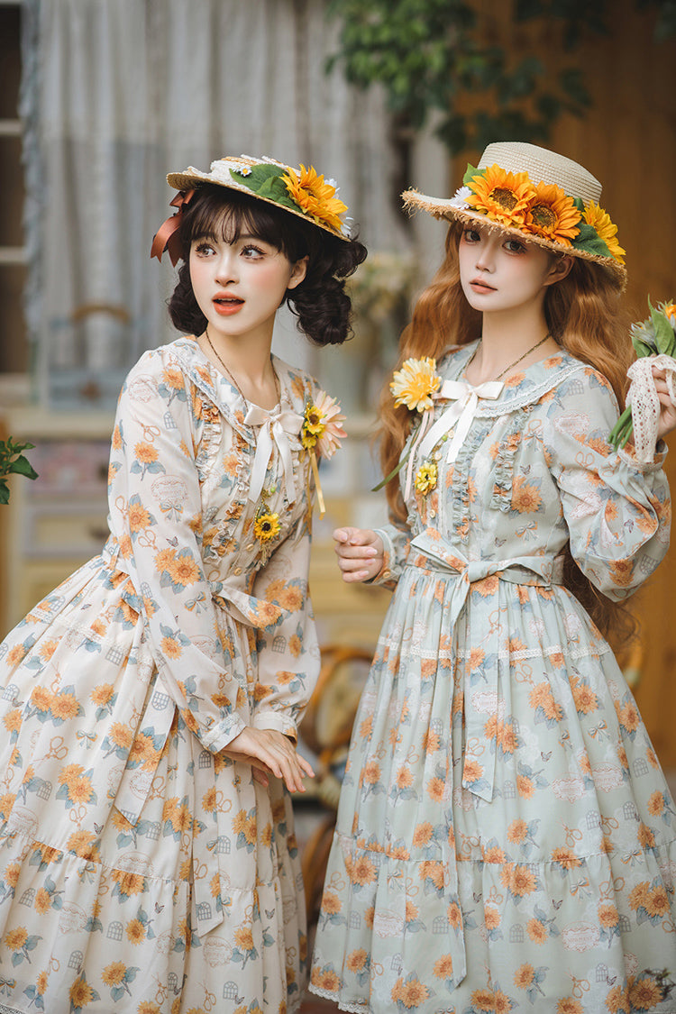 Apricot [Gardening Sunflower] Long Sleeves Print Ruffle Bowknot Sweet Elegant Lolita Dress