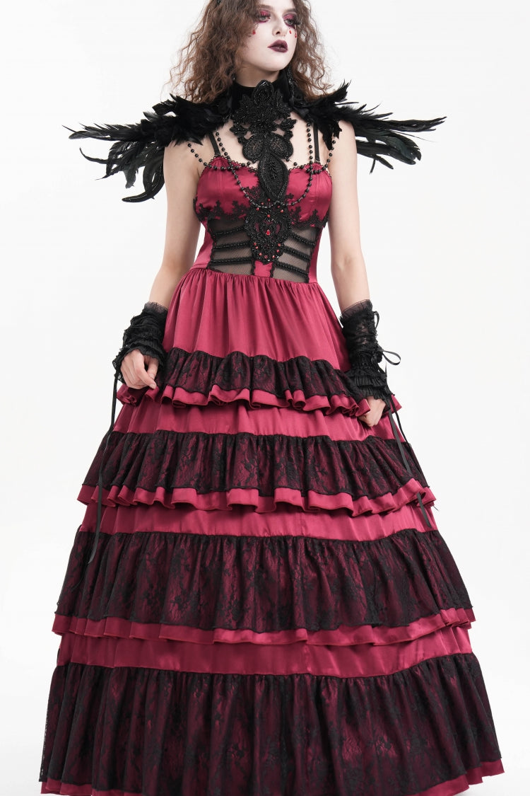 Red Multi-Layered Ruffle Lace-Up Mesh Women's Gothic Dress