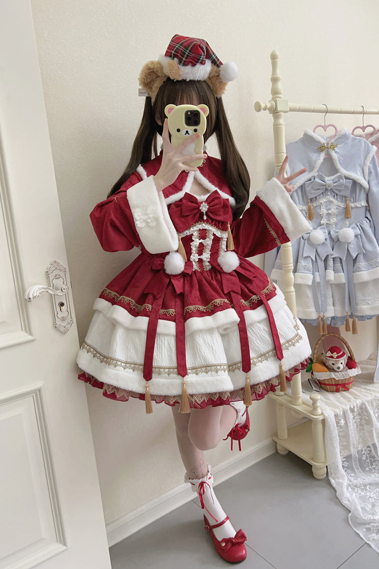 Red [Snow Rabbit] Long Sleeves Ruffle Bowknot Fake Two Pieces Sweet Lolita Dress