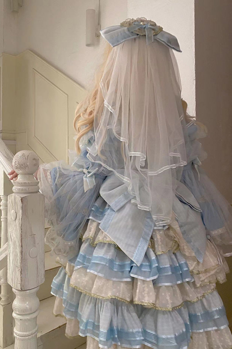 Blaues mehrlagiges Hanayome Lolita Kleid mit Rüschen, Schleife und Spitze