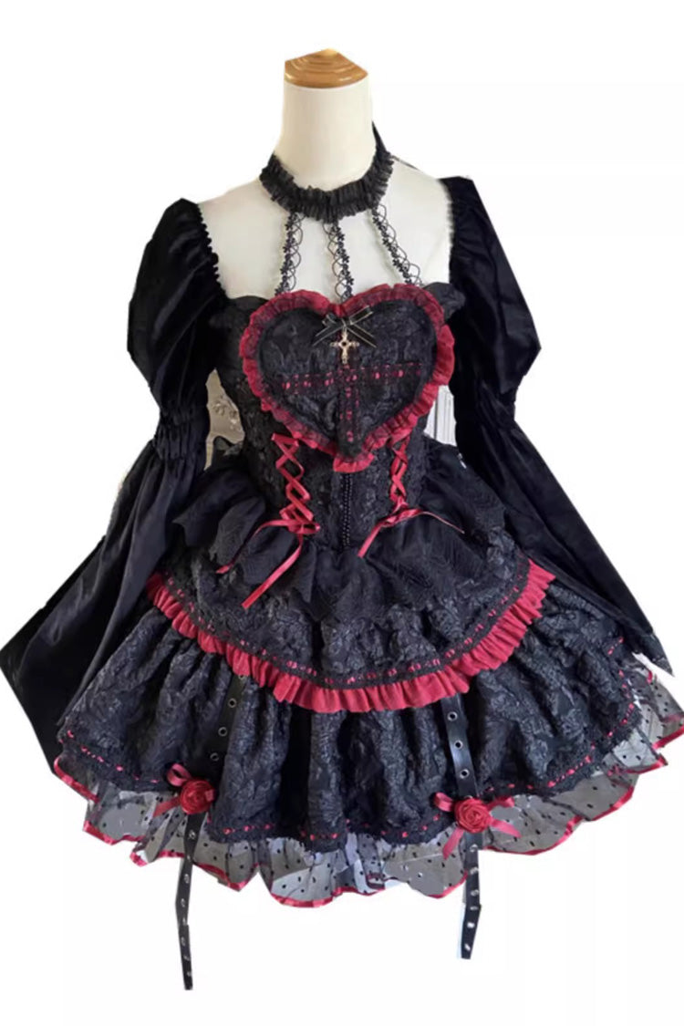 Schwarz/Rotes Gothic-Punk-Lolita-Kleid mit Hexen-Vampirrose und langen Ärmeln und Rüschen