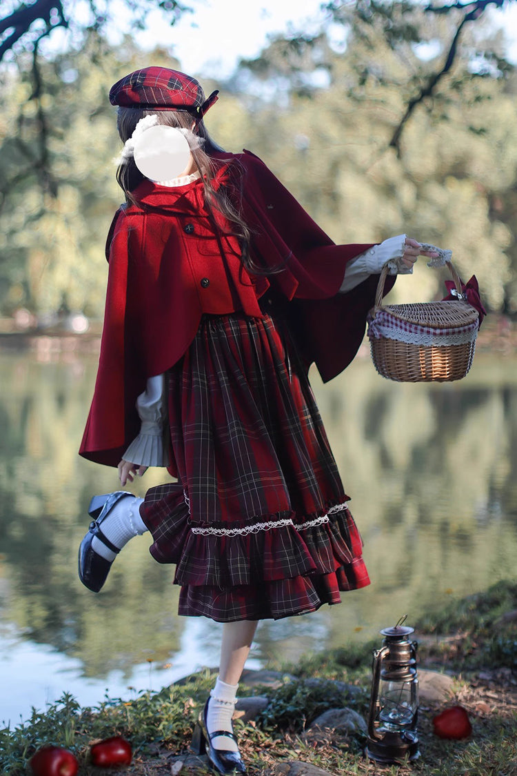 Rotes [Rotkäppchen] Doppellagiges, kariertes Rüschen-Schleifen-Pulloverkleid im Vintage-Stil mit süßer Lolita-Kleidung