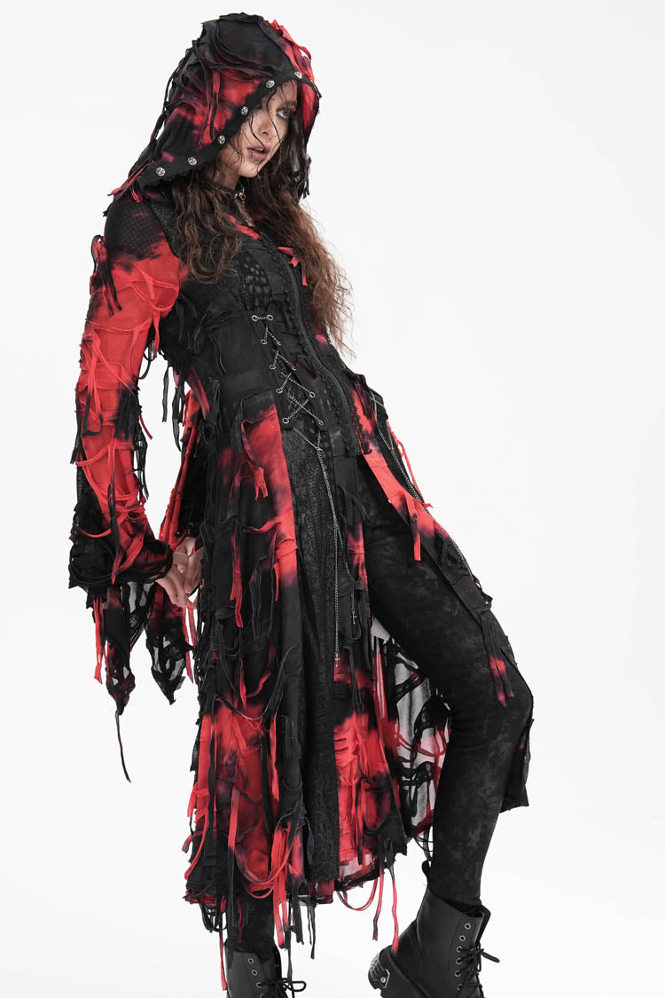 Black/Red Long Sleeves Lace Ripped Zipper Women's Punk Coat