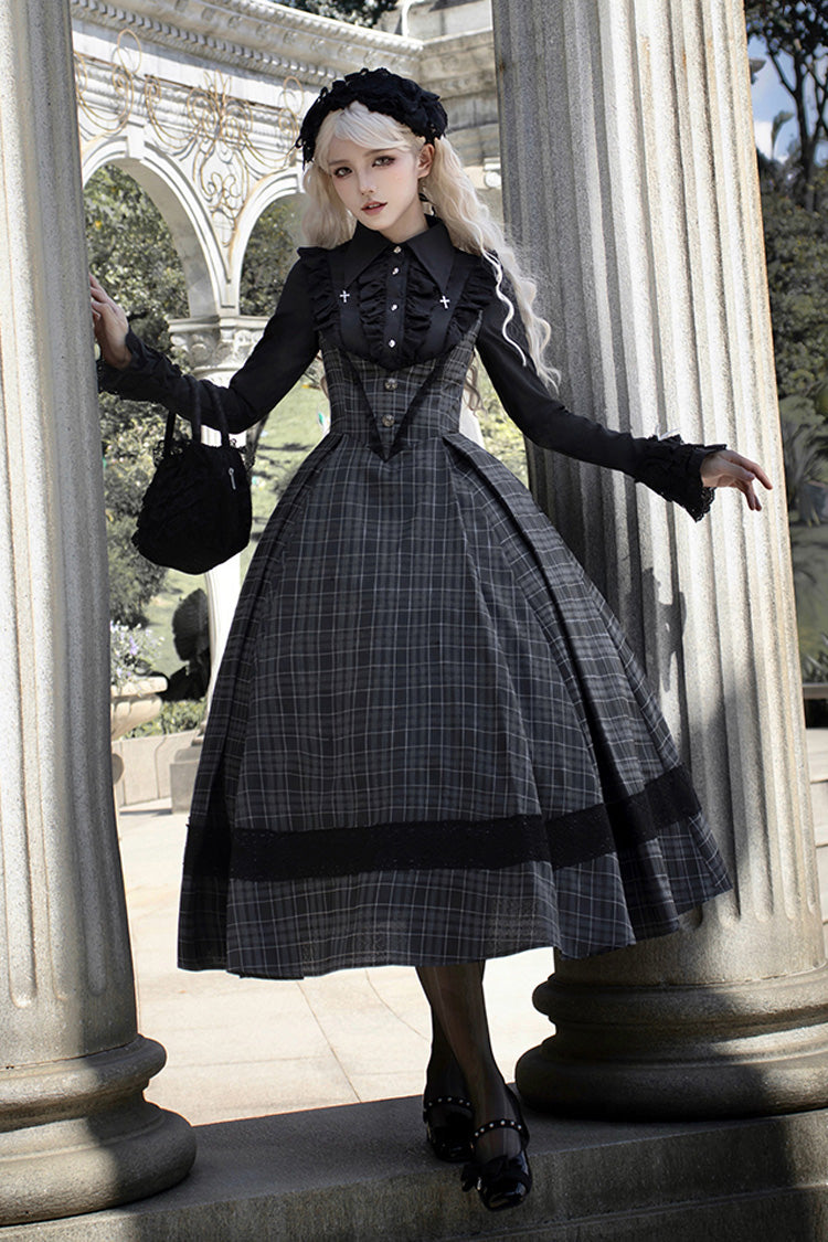 Schwarzes Gothic Lolita Kleid mit Rüschen und Karomuster und Bruststütze