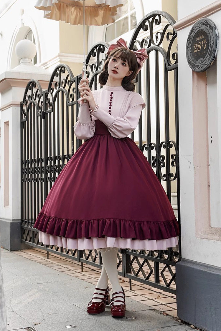 Rose Embroidery Long Sleeves Ruffle Bowknot Fake Two Pieces Elegant Lolita Dress 2 Colors