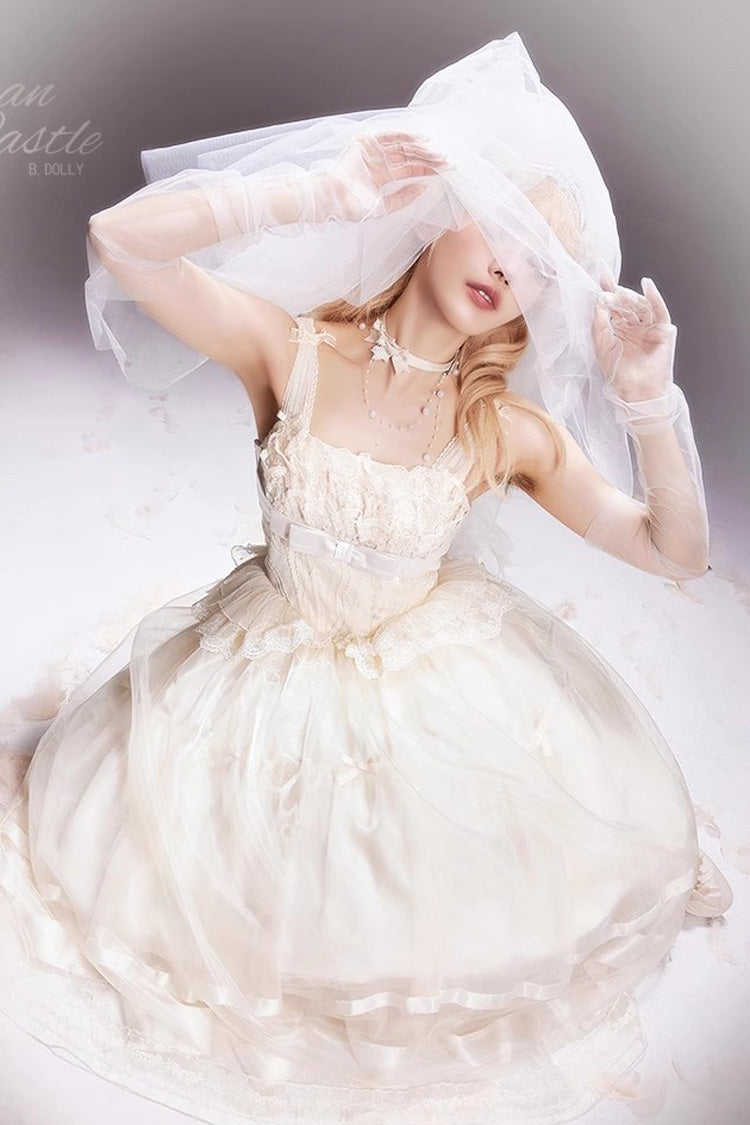 Elfenbein [Swan Castle] Rüschen Schleife Spitze Süßes Elegantes Wunderschönes Lolita Jsk Langes Kleid